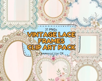 Vintage Lace Frame PNG Bundle, Handgemalte Aquarell Spitzenbordüren, Elegante Hochzeitsrahmen Clipart, Brauteinladungsdekorset