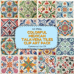40 Mexican Talavera Tile Pattern PNGs | Vibrant Multicolor Clipart | Instant Download
