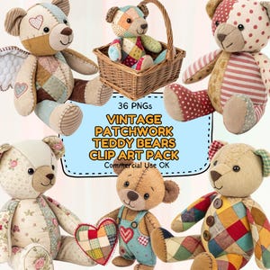 Vintage Patchwork Teddy Bear Clipart: 36 PNGs, Nursery Art (Digital Download)