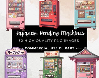 Clipart de máquina expendedora kawaii – PNGs estilo japonés (descarga digital)