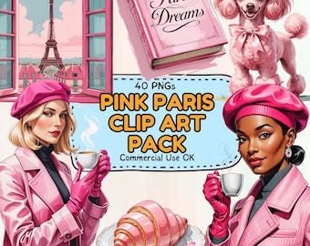 Pink Paris Clipart Bundle, Paris Watercolor PNG Set, Eiffel Tower Fashion Girl Macaron Art, French Aesthetic Scrapbook Planner Stickers Pack