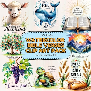 May include: A collection of 35 watercolor Bible verses clip art images. The images include a lamb, a whale, an open book, a tree with fruit, grapes, a turtle, wheat, and bread. The text includes Bible verses.