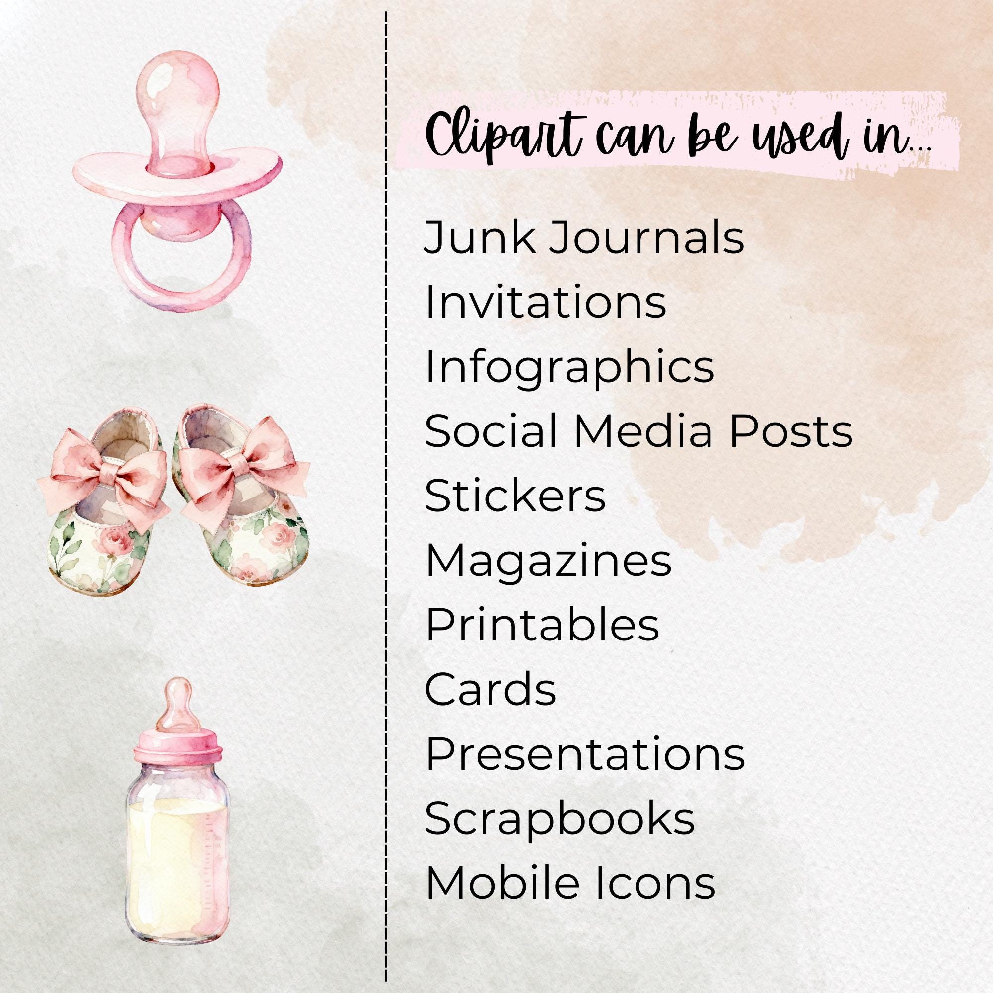 Pink Baby Girl Clipart Bundle, 35 PNG Watercolor Newborn Elements ...