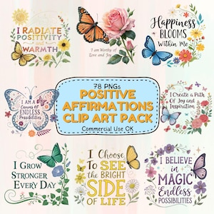 Lot de cliparts PNG affirmation avec 78 citations inspirantes de papillons et de fleurs pour des autocollants de scrapbooking et des oeuvres d'art murales