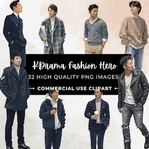 Op KDrama geïnspireerde herenmode-clipart: 32 png-outfitillustraties (digitale download)
