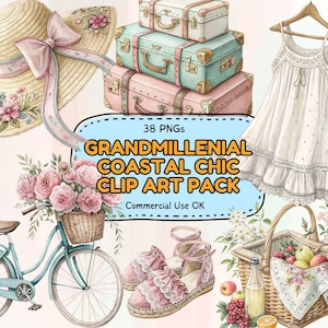 Clipart été grand millénaire – 38 PNGs peints à la main, esthétique côtière vintage, cottagecore, shabby chic, journal indésirable, sublimation