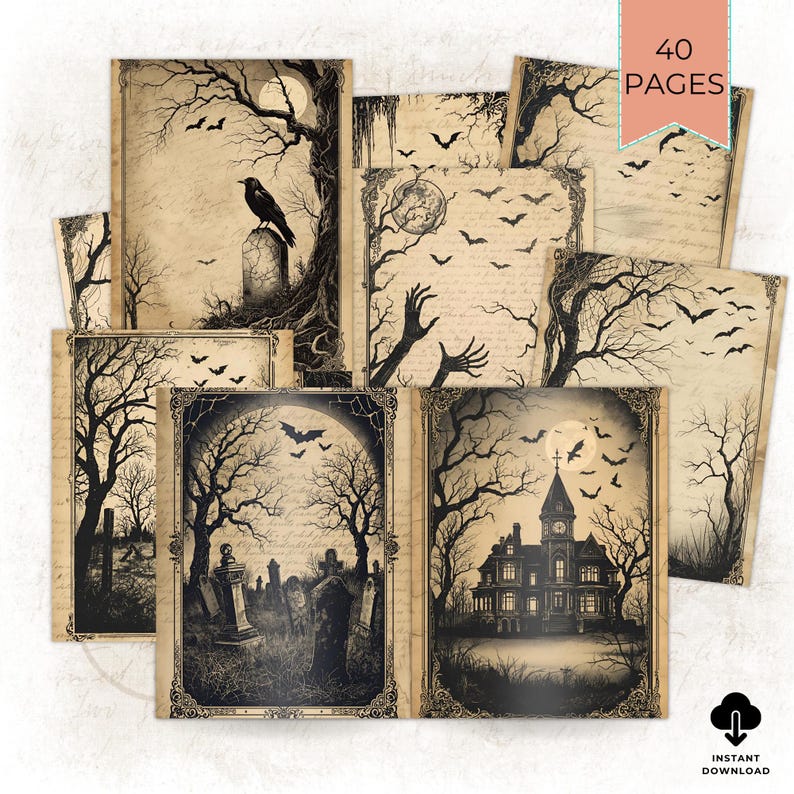Haunted Paper Vector Gothic Halloween Digital Paper Set: Haunted Vintage A4 Designs (digital ...