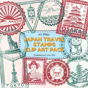 Imágenes prediseñadas de arte lineal de sellos de viajes antiguos de Japón: 40 PNG