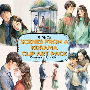 Aquarell Kdrama Romantische Szenen Clipart | 15 handgemalte Illustrationen | KDrama Liebesmomente PNG für digitale und druckbare Verwendung