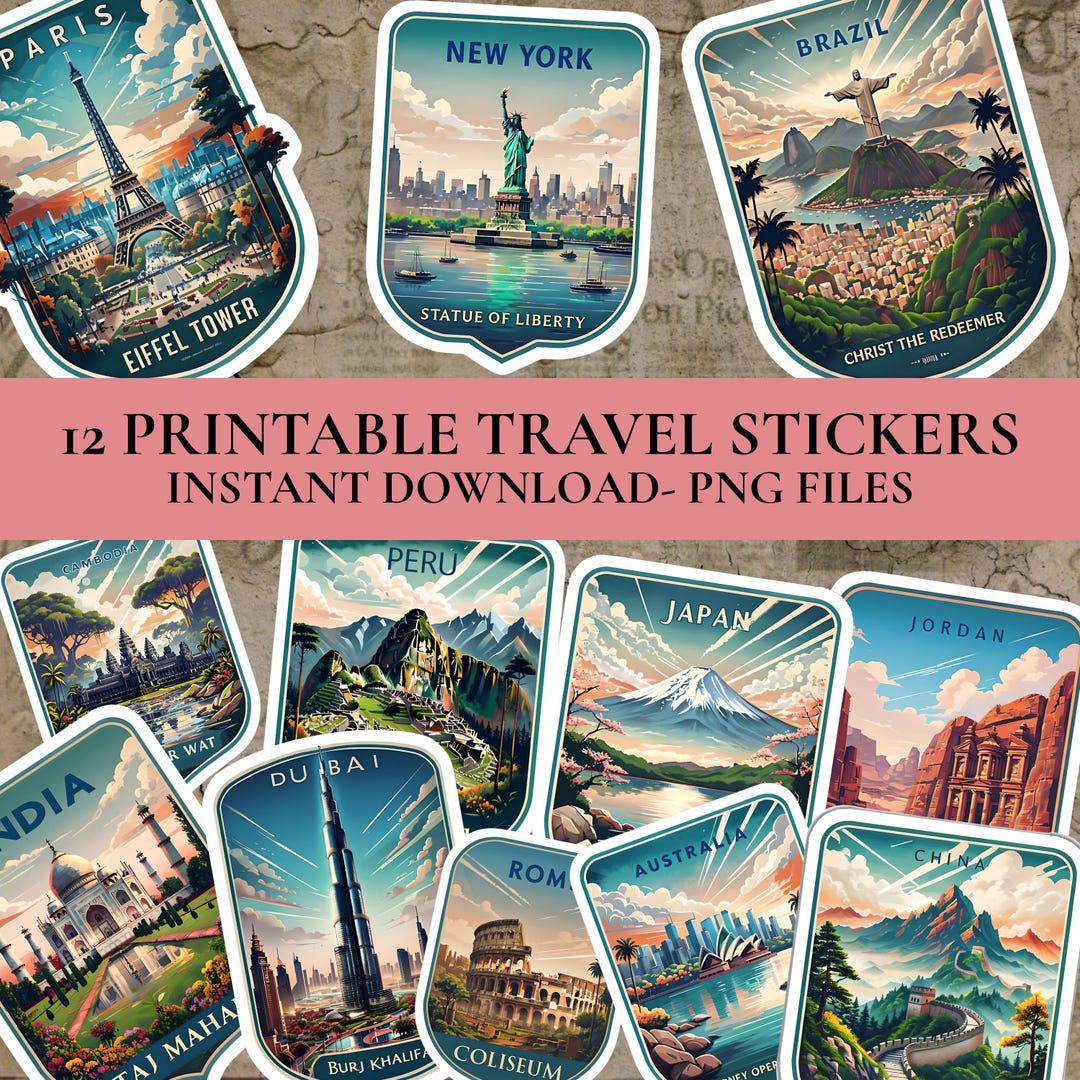 12 World Landmark Die-cut Travel Stickers – Printable PNG for Luggage ...