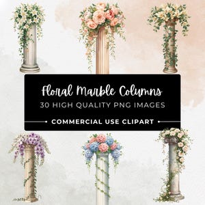 Puede incluir: Ilustraciones en acuarela de arreglos florales sobre columnas de mármol. La imagen presenta varias columnas adornadas con ramos de flores rosas, blancas y moradas, y vegetación. El texto dice "Floral Marble Columns" y "30 High Quality PNG Images".