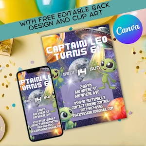 Modello di invito di compleanno per esploratore spaziale 5x7 modificabile in Canva / Invito per festa di astronauta nella galassia con design del retro gratuito e clipart