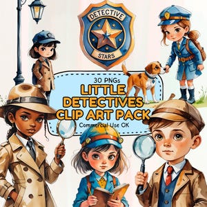 Detektiv Kids Aquarell Clipart - 30 süße Detektiv & Spion PNGs mit Mystery Requisiten für Scrapbooking, Party Dekor, Aufkleber, Klassenzimmer