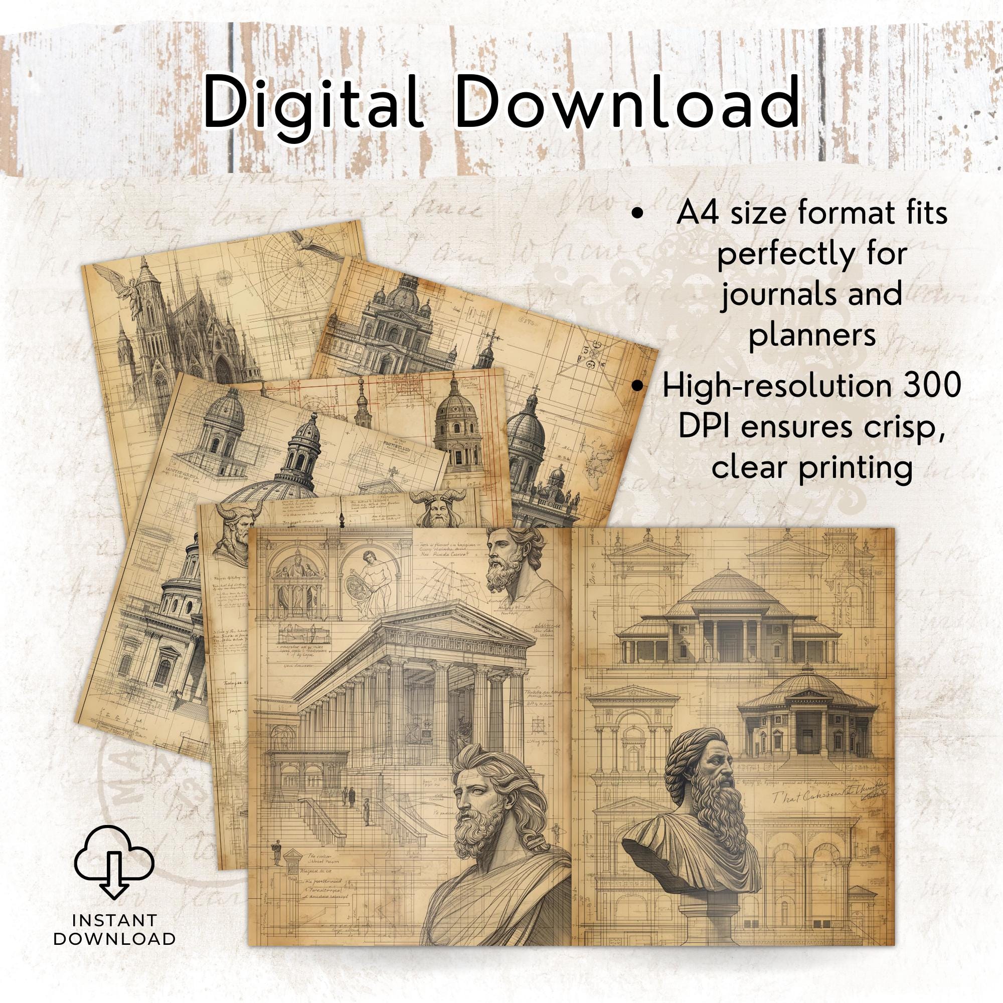Paper Building Design Renaissance Renaissance Architecture Digital Paper | Da Vinci Style A4 Backgrounds ...