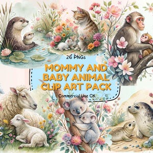 Clipart aquarelle pour maman et bébé : 26 images PNG fantaisistes avec feuillage de la jungle pour décoration de chambre d'enfant, faire-part et travaux manuels