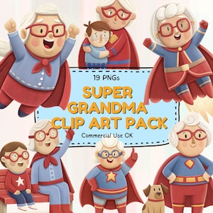 Superheld Großmutter Clipart Set - 19 PNGs von wunderlichen Großmutter Helden für Karten, Scrapbooking, Aufkleber und DIY Handwerk