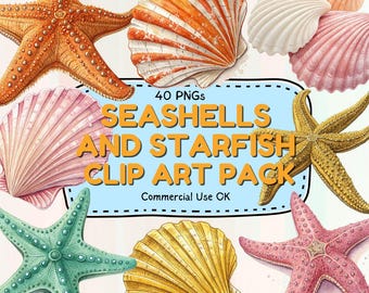 Pacchetto di clipart di conchiglie e stelle marine – 40 PNG, conchiglie acquerellate in stile costiero, set di clipart da spiaggia, grafica oceanica, sfondo trasparente