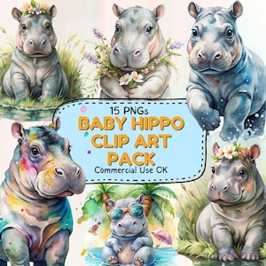 Adorable lot de cliparts bébé hippopotame - 15 PNG de style aquarelle pour le scrapbooking, la décoration de chambre d'enfant, les invitations et les travaux manuels