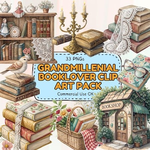 Grandmillennial Bookish Clipart PNG Bundle | 33 Watercolor Vintage Aesthetic Elements | Junk Journal, Stickers, Planners, Scrapbooking
