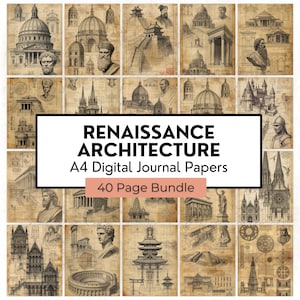 Pode incluir: Um conjunto de papéis de diário digital com esboços e ilustrações de arquitetura renascentista. Os papéis de tamanho A4 fazem parte de um pacote de 40 páginas. As ilustrações têm uma estética vintage, em tons sépia.