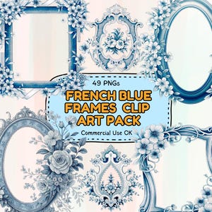 Clipart di cornici blu francesi e ghirlande floreali - Set PNG da 49 pezzi / Eleganti bordi blu