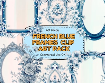 French Blue Frames and Wreaths PNG Bundle, 49 Floral Vintage Clipart Elements, Ornate Wedding Frames, Transparent Background Digital Set