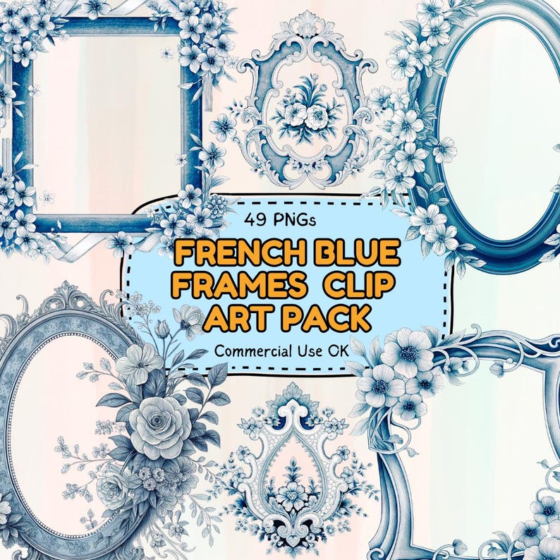 French Blue Frames and Wreaths PNG Bundle, 49 Floral Vintage Clipart ...