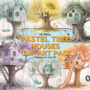 Conjunto de clipart de casa na árvore em tons pastéis – 38 PNGs de contos de fadas excêntricos com casas em formato de xícara de chá e telhados de cogumelo para artesanato e planejadores de scrapbooking