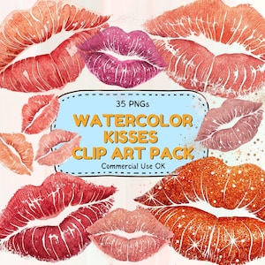 Clipartbundel aquarel kussen – 35 romantische png-bestanden voor lippenstift kusmarkering in rood, roze en koraal voor kaarten, knutselen en afbeeldingen