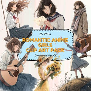 Conjunto de 25 imágenes prediseñadas de chicas de anime, pegatinas de arte estético romántico y de ensueño, diario basura, álbum de recortes, descarga digital, planificador imprimible