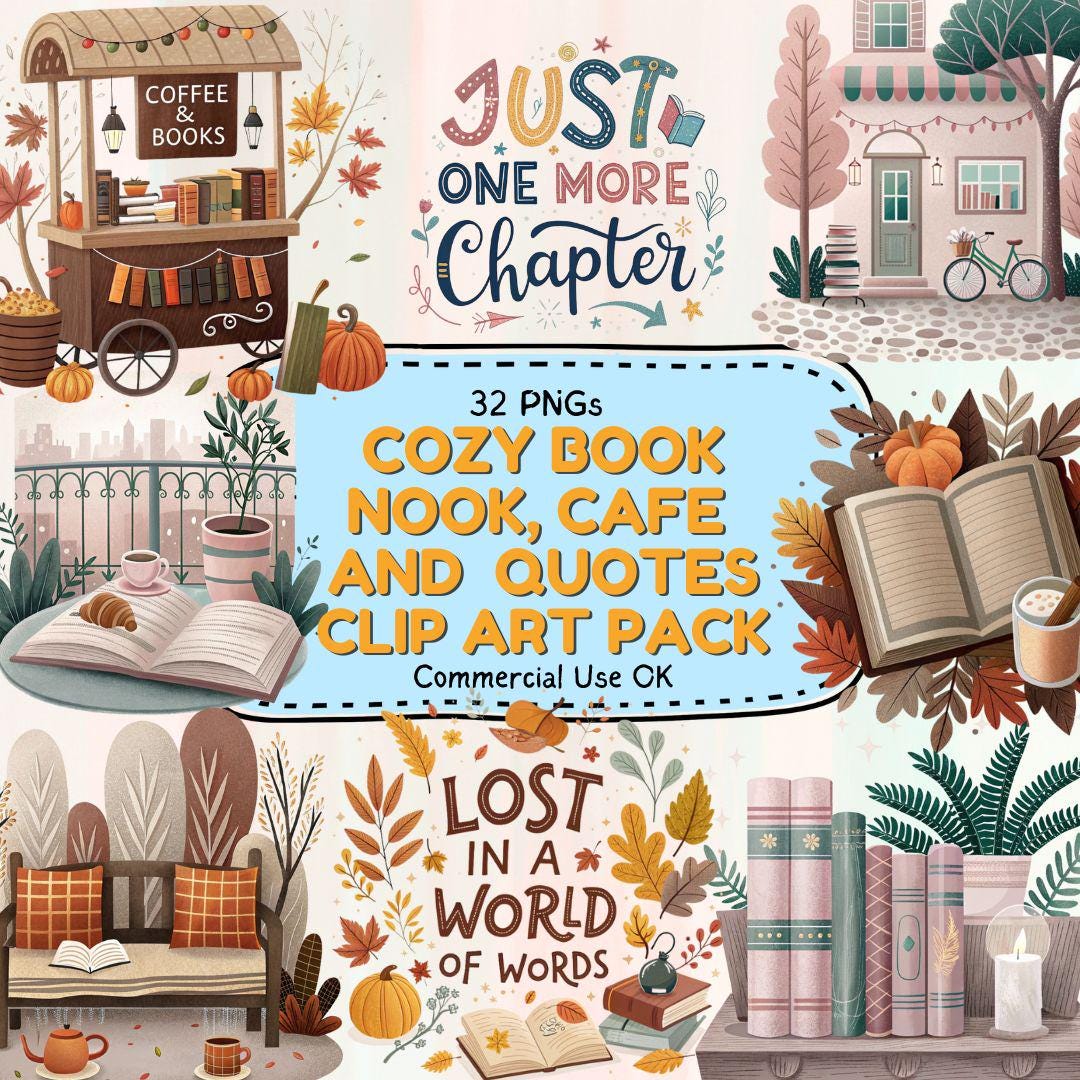 Cozy Book Nook & Cafe PNG Clipart Bundle | 32 High-quality Book Lover ...