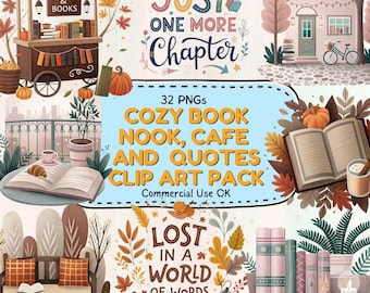 32 Cozy Book Nook Cafe PNG Clipart Bundle, Bookish Reading Corner Graphics, Library Coffee Clip Art, Journaling Scrapbook