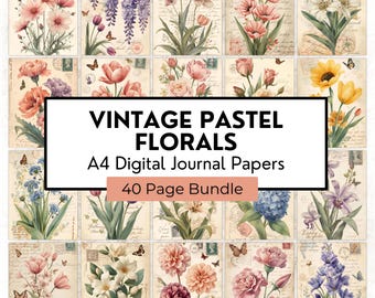 Vintage Pastel Floral Digital Paper Pack, 40 A4 Botanical Scrapbook Papers JPG, Antique Flower Printable Backgrounds for Junk Journal Cards
