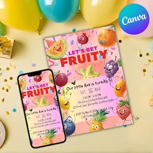 Geburtstagseinladungsvorlage mit Obst-Thema - Bearbeitbares 5x7 Canva Design für Kinder oder Erwachsene | Digitaler Download