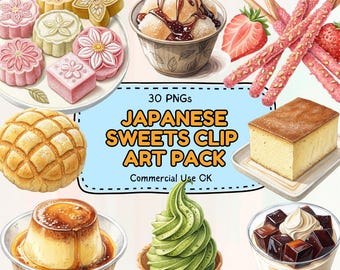 Japanese Dessert Clipart PNG Bundle, Watercolor Kawaii Sweets Set, Wagashi Illustration Pack, Cute Food Clipart, Planner Stickers
