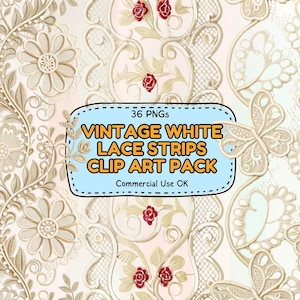 Weißer Spitzenstreifen - Vintage digitale Spitzenbordüren für Scrapbooking, Einladungen, Junk Journals & Sublimations Designs