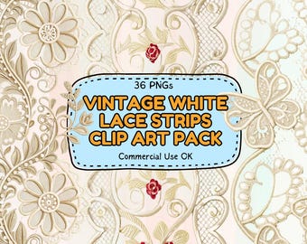White Lace Strip PNG Bundle, Vintage Lace Borders, Floral Trim Clipart, Wedding Invitation Lace Overlay Digital Download