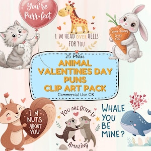Imágenes prediseñadas de juegos de palabras con animales: 25 PNG románticos con frases cursis para tarjetas, pegatinas, álbumes de recortes y manualidades.