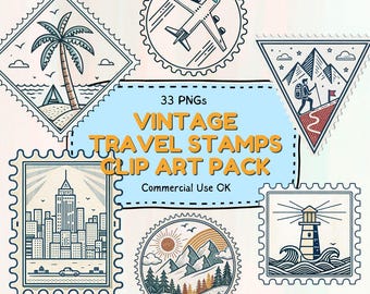 May include: A collection of vintage travel stamps in various shapes, featuring illustrations of a palm tree on a beach, an airplane, mountains with a hiker, a cityscape, a mountain landscape, and a lighthouse. The text reads "VINTAGE TRAVEL STAMPS CLIP ART PACK".