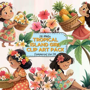 Zestaw clipartów Tropical Island PNG – 26 uroczych ilustracji dziewczyn z wyspy i elementów plażowych do scrapbookingu, naklejek, dekoracji imprezowych