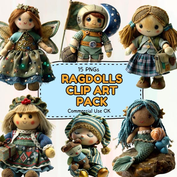 Rag Doll Clipart PNG Bundle: 15 Watercolor Cottagecore