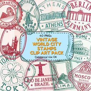 Sellos de pasaporte con textura vintage Clipart / 40 PNG / Diseños de viajes a ciudades del mundo / Fondo transparente