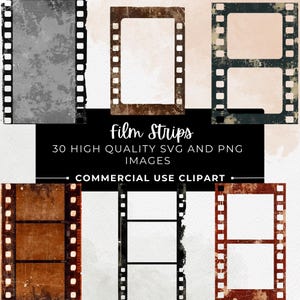 Op de afbeelding: Een verzameling vintage filmstripafbeeldingen in verschillende kleuren en stijlen. De afbeelding bevat filmstrips in tinten grijs, bruin en zwart, met versleten texturen en rechthoekige frames. Tekst op de afbeelding luidt "film strips" en "30 high quality SVG and PNG images".