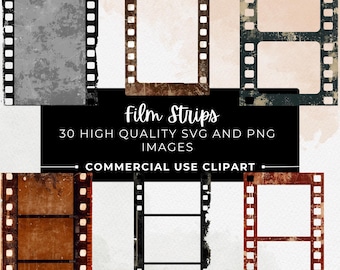 May include: A collection of vintage film strip graphics in various colors and styles. The image includes film strips in shades of gray, brown, and black, with distressed textures and rectangular frames. Text on the image reads "film strips" and "30 high quality SVG and PNG images".
