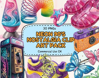 Neon 90s Nostalgia Clipart: Retro Cassette Tapes, Boomboxes, Tamagotchis (Digital Download)