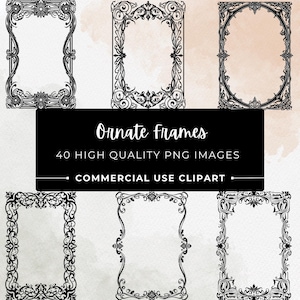 Può includere: Una collezione di cornici nere ornate in varie forme, inclusi disegni rettangolari e ovali. Le cornici presentano intricati motivi floreali e a volute. Il testo su uno striscione nero recita "Ornate Frames, 40 HIGH QUALITY PNG IMAGES, COMMERCIAL USE CLIPART."