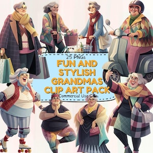 Ensemble de cliparts grand-mère tendance - 25 PNG amusants et à la mode pour le scrapbooking, les cartes, les autocollants et les projets de bricolage créatifs