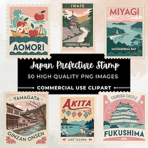 Puede incluir: Una colección de sellos de prefectura japoneses de estilo vintage. Cada sello presenta una ilustración única de una ubicación, incluyendo Aomori, Iwate, Miyagi, Yamagata, Akita y Fukushima. Los sellos son de varios colores e incluyen texto como "Japan Prefecture Stamp".
