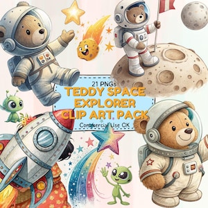 21 PNG Teddy Bear Astronauta Clipart / Grafica carina di esploratore spaziale per l'artigianato