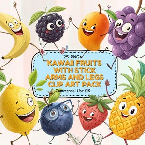 Zestaw uroczych owoców Clipart PNG – 25 Kawaii owoców z ramionami i nogami do naklejek, scrapbookingu, planerów i rzemiosła